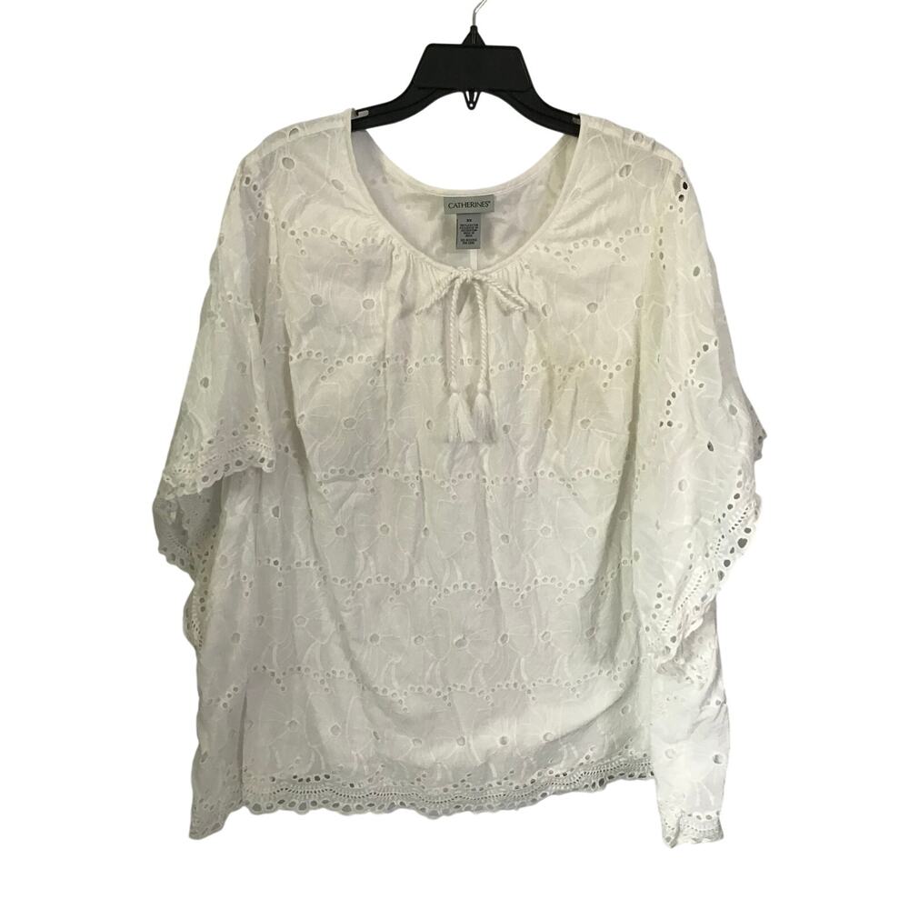 Catherines Blouse Size 3X Womens Lace Eyelet Butterfly Sleeve White Cotton Tie